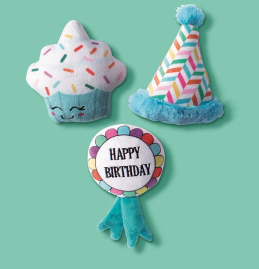 Happy Barkday 3 Piece Plush Dog Toy Set for Small Dogs with Loud Squeaker & Crinkle Paper in each Toy
