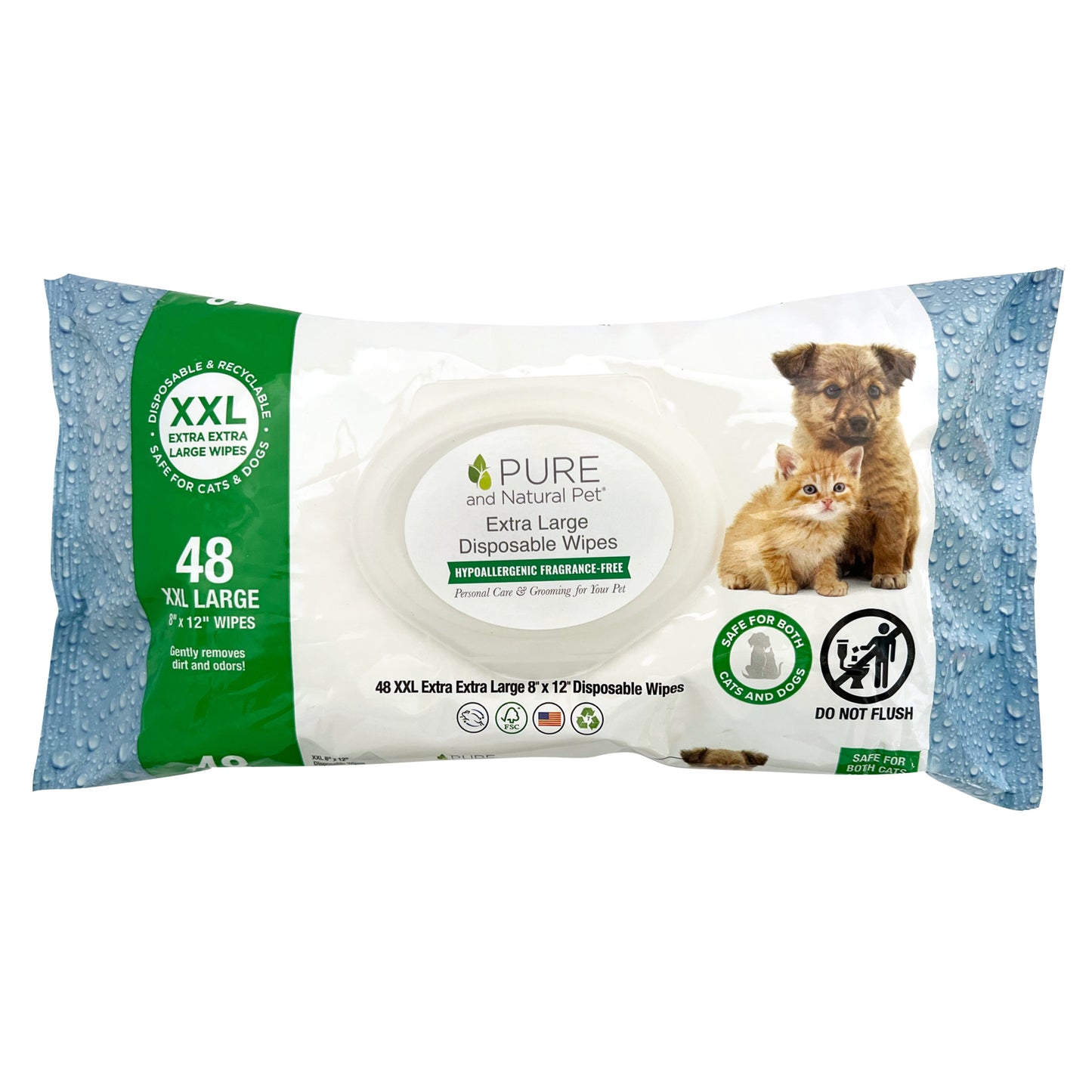 Pure & Natural Unscented Grooming & Cleansing Wipes 48ct XXL 8"x 12" for Dogs and Cats