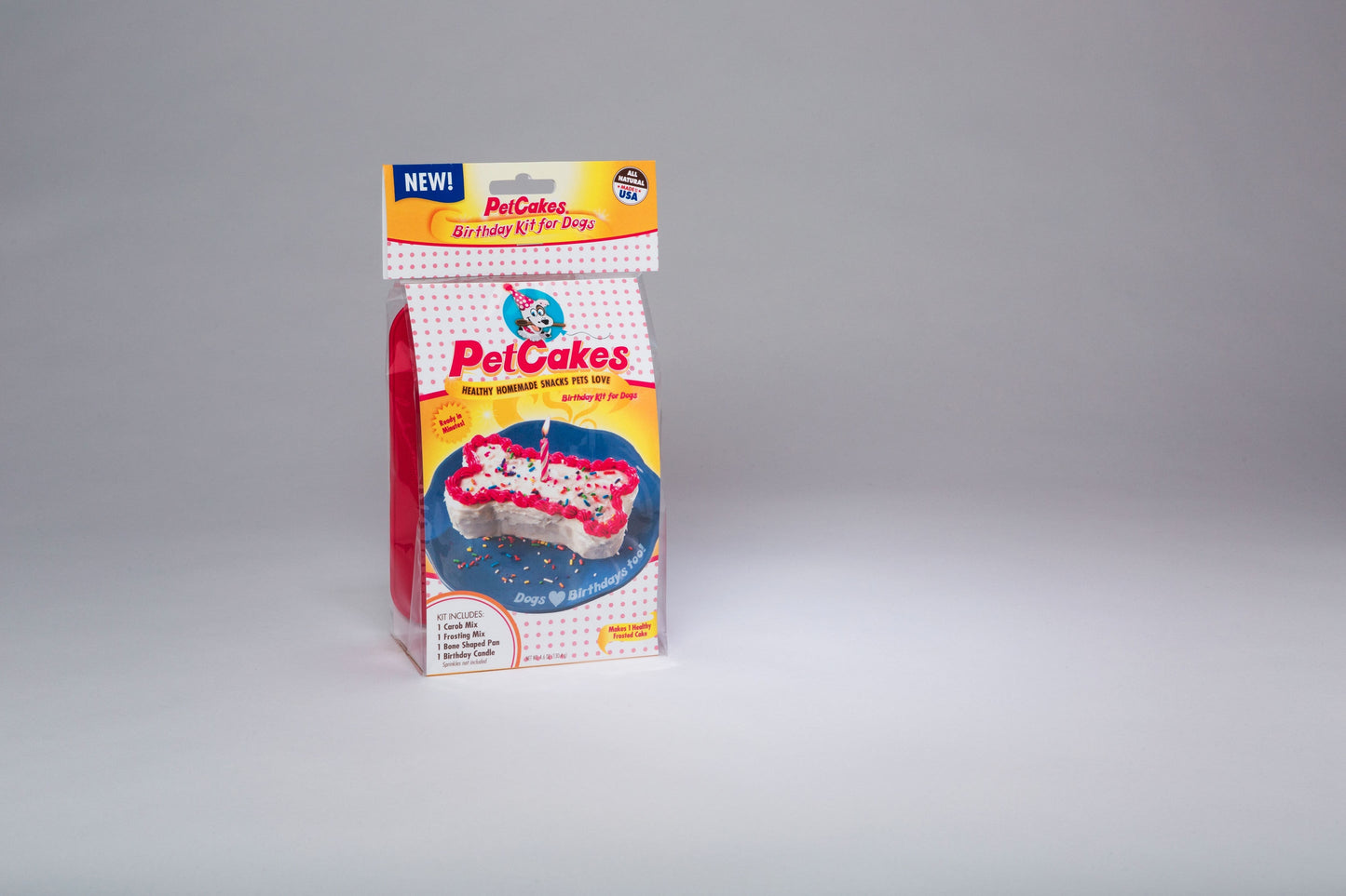 Organic Birthday Cake Dog Kit - Pink Bone Shaped Pan, Carob Flavour Cake Mix, Frosting Mix & 1 Candle