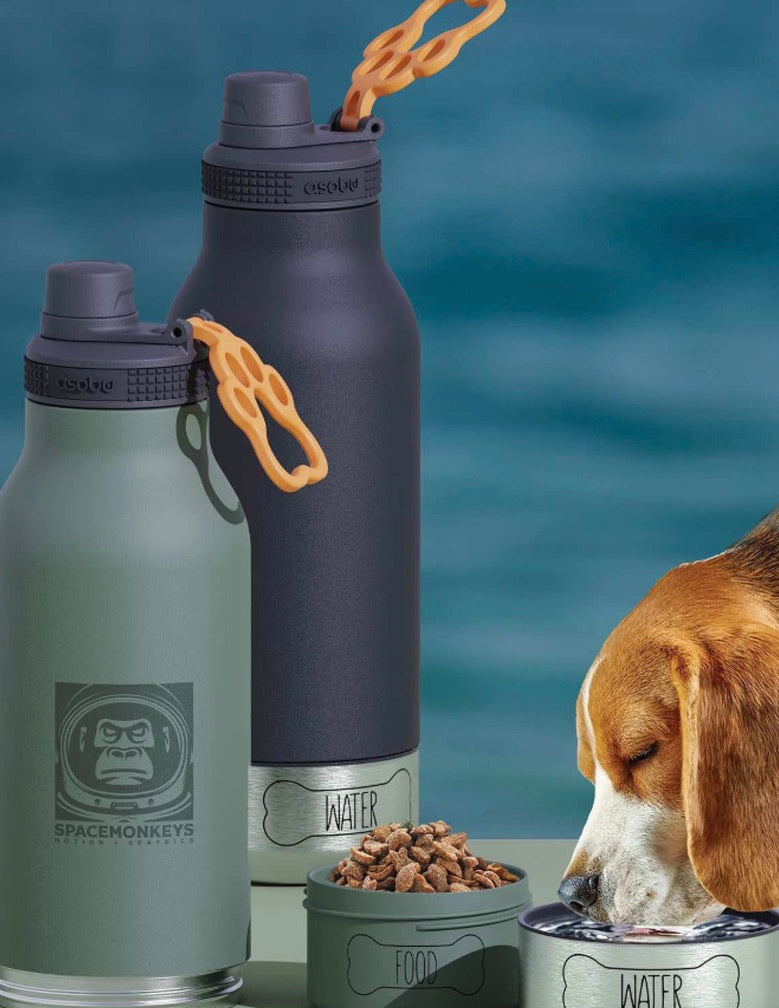 3 in 1 Buddy Bottle Stainless Steel 18/8 Water Bottle 32oz with detachable Water Bowl 90z and Food Bowl 7oz for your Dog