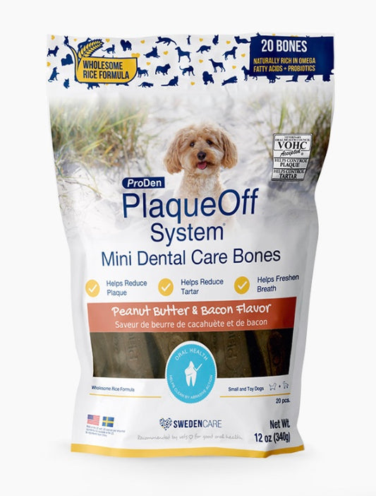 PlaqueOff System™ Dental Care MINI Bones – Peanut Butter & Bacon 20 Bones/Bag