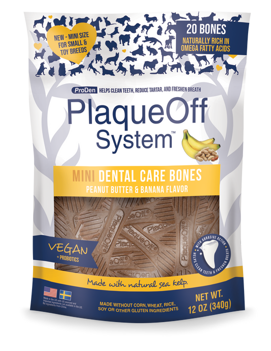 PlaqueOff System™ Dental Care MINI Bones – Banana & Peanut Butter 20 Bones/Bag