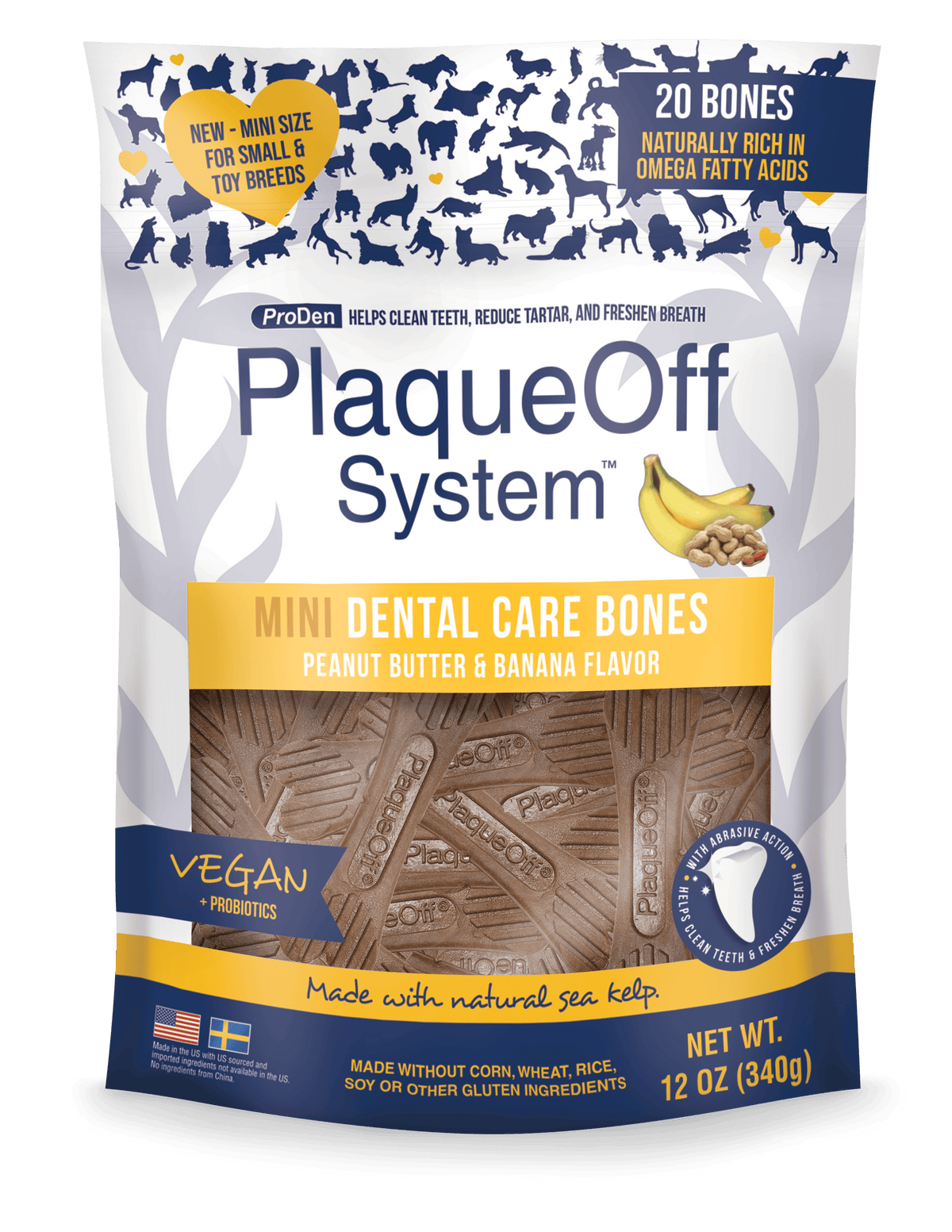 PlaqueOff System™ Dental Care MINI Bones – Banana & Peanut Butter 20 Bones/Bag-Boats n Barks