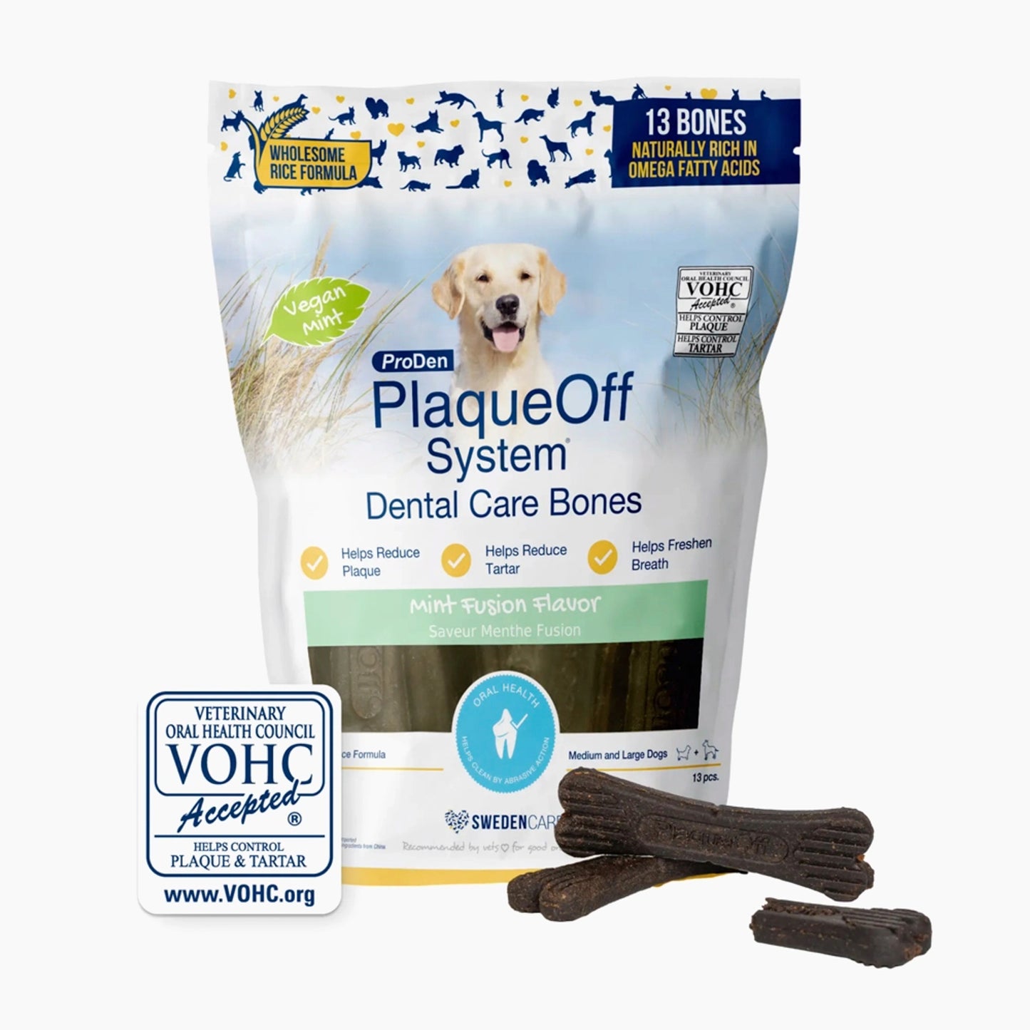 PlaqueOff System™ Dental Care LARGE Bones – Mint Fusion 13 Bones/Bag