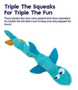 Stuffing-Free Big Squeak Plush Shark Dog Toy with 3 Invincible Squeakers 20" Long