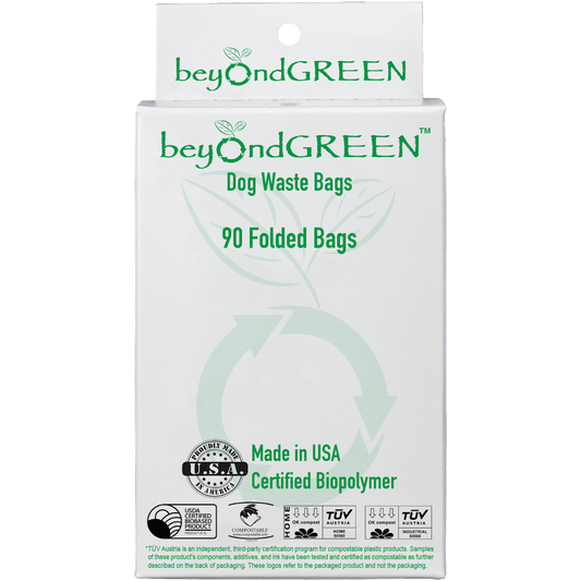 Beyond Green 100% Compostable Dog Poop Waste Bags-Box of 90 Bags-6 rolls of 15 bags Made in USA. TUV OK Home & TUV OK Industrial Compost