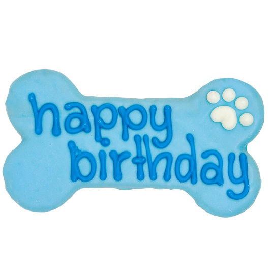 Blue Happy Birthday 6" Bone Cookie for Dogs made by Bosco & Roxy's of Canada