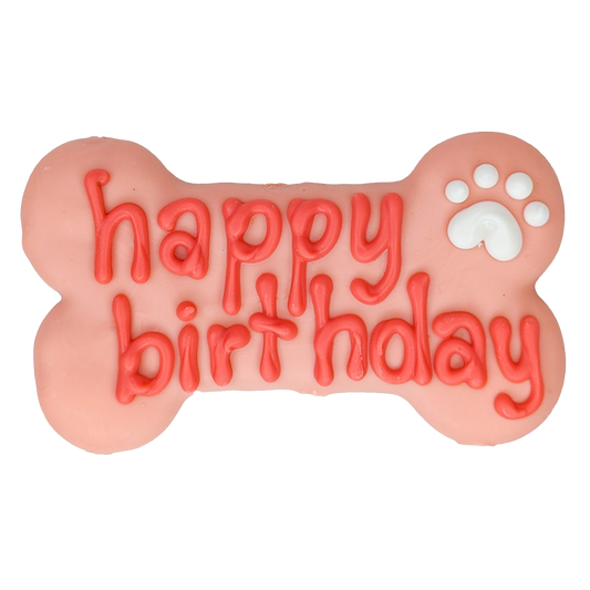 Pink Happy Birthday 6" Bone Cookie for Dogs made by Bosco & Roxy's of Canada