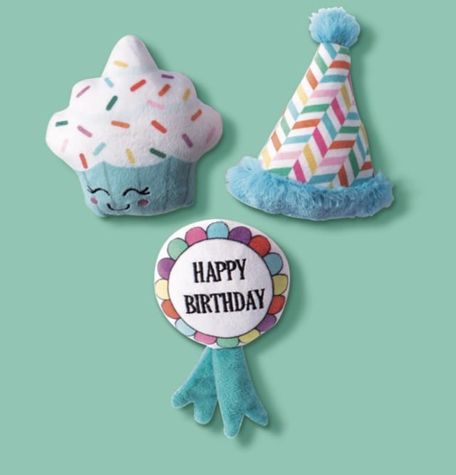 Happy Barkday 3 Piece Plush Dog Toy Set for Small Dogs with Loud Squeaker & Crinkle Paper in each Toy-Boats n Barks