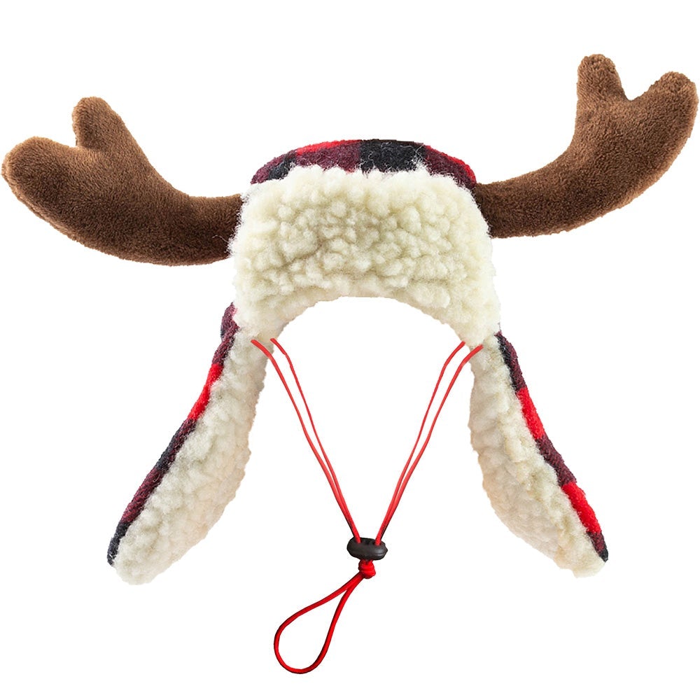 Christmas Buffalo Check Antler Hat for Dogs-Ear Friendly Design