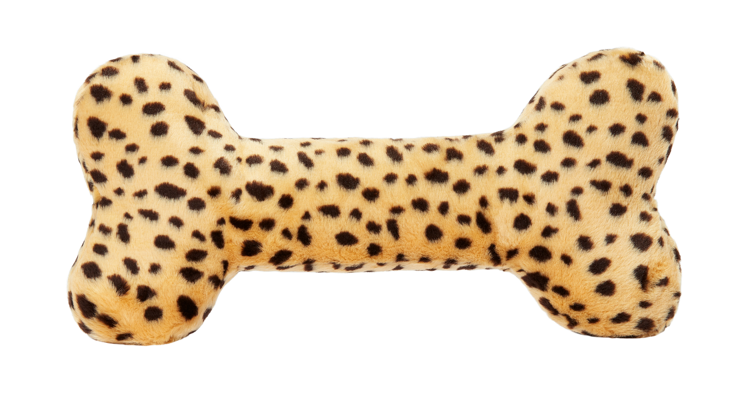 Fluff & Tuff XL Cheetah Bone Dog Toy with Squeaker Machine Washable