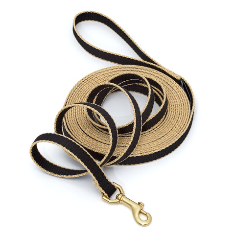 Training Lead for Dogs with Solid Brass Clip - 12ft - Black with Tan Trim