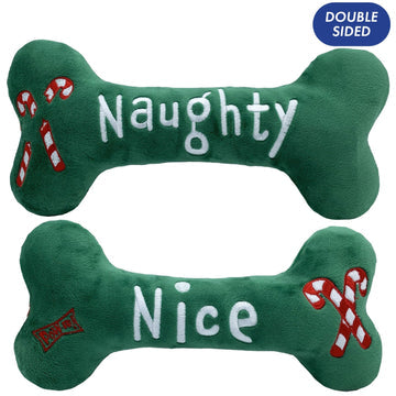 Christmas Naughty/Nice Bone Stuffed Dog Toy with Squeaker Small Size 8"