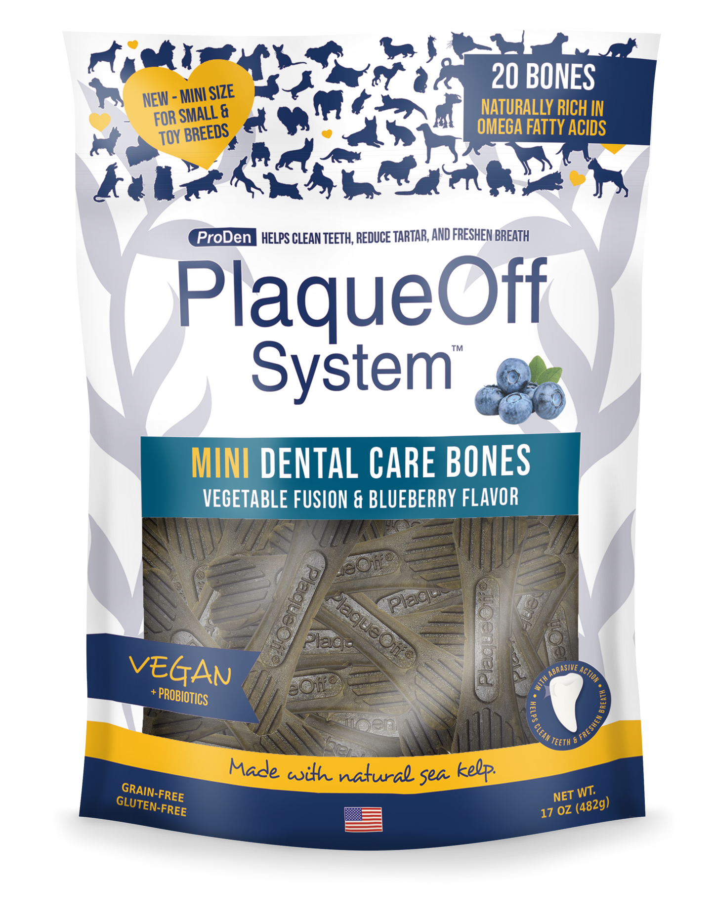 ProDen PlaqueOff System™ Dental Care MINI Bones – Blueberry & Vegetable Fusion 20 Bones/Bag