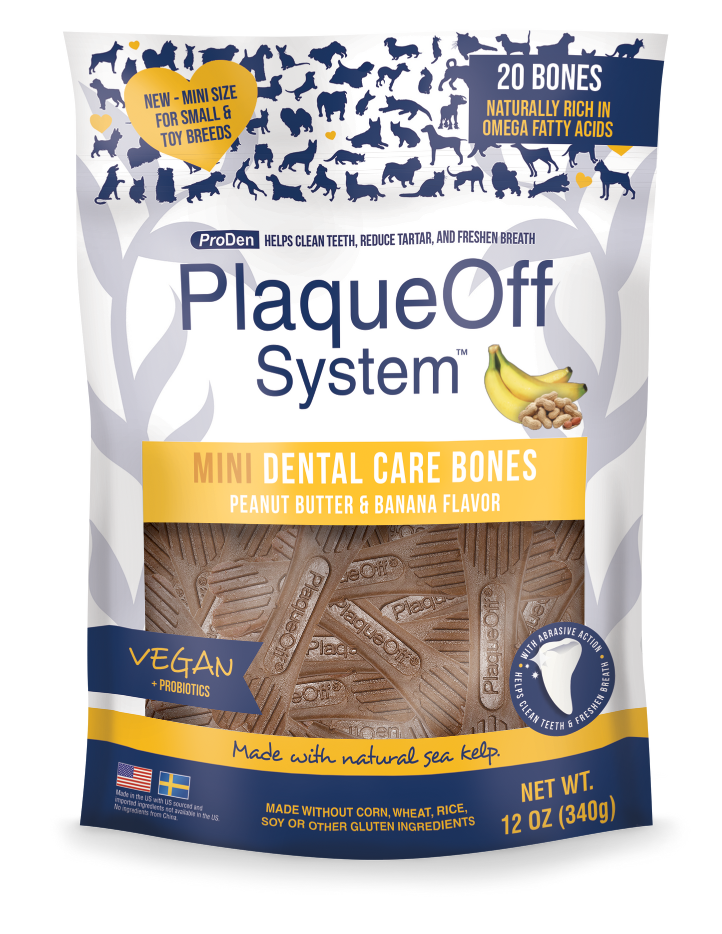 ProDen PlaqueOff System™ Dental Care MINI Bones – Banana & Peanut Butter 20 Bones/Bag