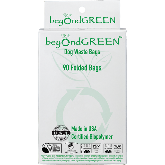 Beyond Green 100% Compostable Dog Poop Bags-Box of 90 Bags-6 rolls of 15 bags Made in USA. TUV OK Home & TUV OK Industrial Compost
